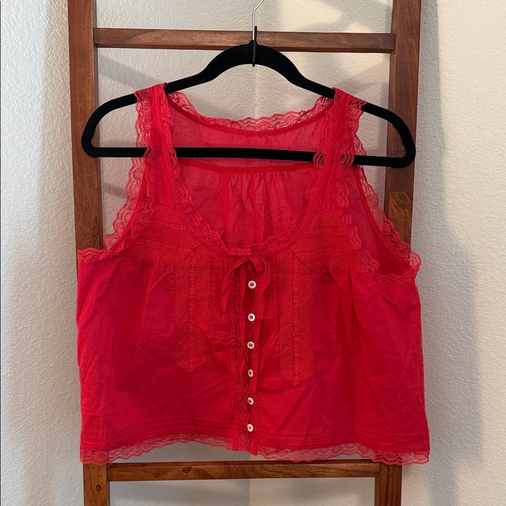 Red Lace Trimmed Button Up Women's Top Size Large